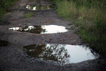 landscape after rain - puddles on the road