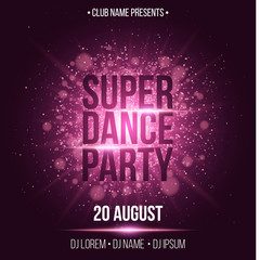Super dance party. Luxurious invitation card. Purple flash with purple dust. Night party. Enter your DJ and club name. Poster for your project. Purple glare bokeh