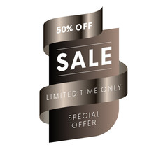 Sale special offer limited time only fifty percent off tag with brown gradient ribbon on white background isolated. Vector illustration.