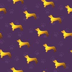 Seamless pattern with yellow gold dogs. Breed dachshund.