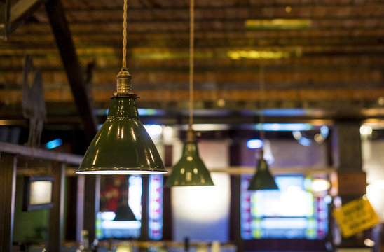 Incandescent lamps in a modern cafe. Edison lamp.