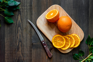 Citrus concept. Oranges on wooden table background top view copyspace