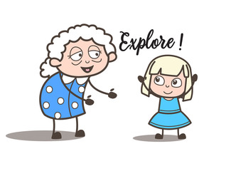 Cartoon Granny Playing with Granddaughter Vector Illustration