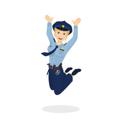 Isolated jumping policewoman.