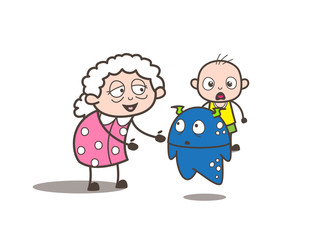 Cartoon Granny with Baby Boy and Alien Monster Vector Illustration