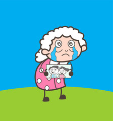 Cartoon Sad Granny Remembering and Crying for Their Grand Children Vector Illustration