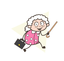 Cartoon Granny Running with Suitcase Vector Illustration