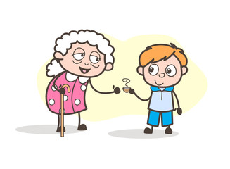 Cartoon Grandson Presenting Hot Tea to His Grandmother Vector Illustration