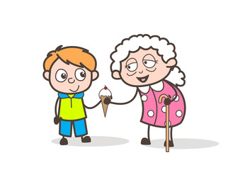 Cartoon Granny with Presenting Ice cream to Her Grandson Vector Illustration