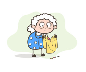 Cartoon Poor Old Lady Sad for Her Torn Clothes Vector Illustration