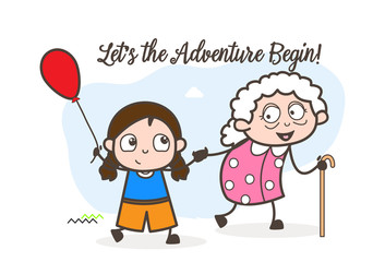 Cartoon Kid Playing with Old Age Home Woman Vector Illustration