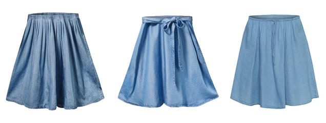 3 denim jean skirts isolated on white