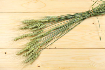 green spikelets of wheat on wood background. top view with copy space