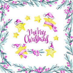 Obraz na płótnie Canvas Watercolor square frame with leaves, berries and set of cartoon stars in warm cloths. New Year. Merry Christmas. Celebration illustration. Can be use in winter holidays design, posters, invitations.