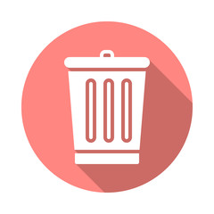 Trash bin flat icon. Round colorful button, Delete circular vector sign with long shadow effect. Flat style design