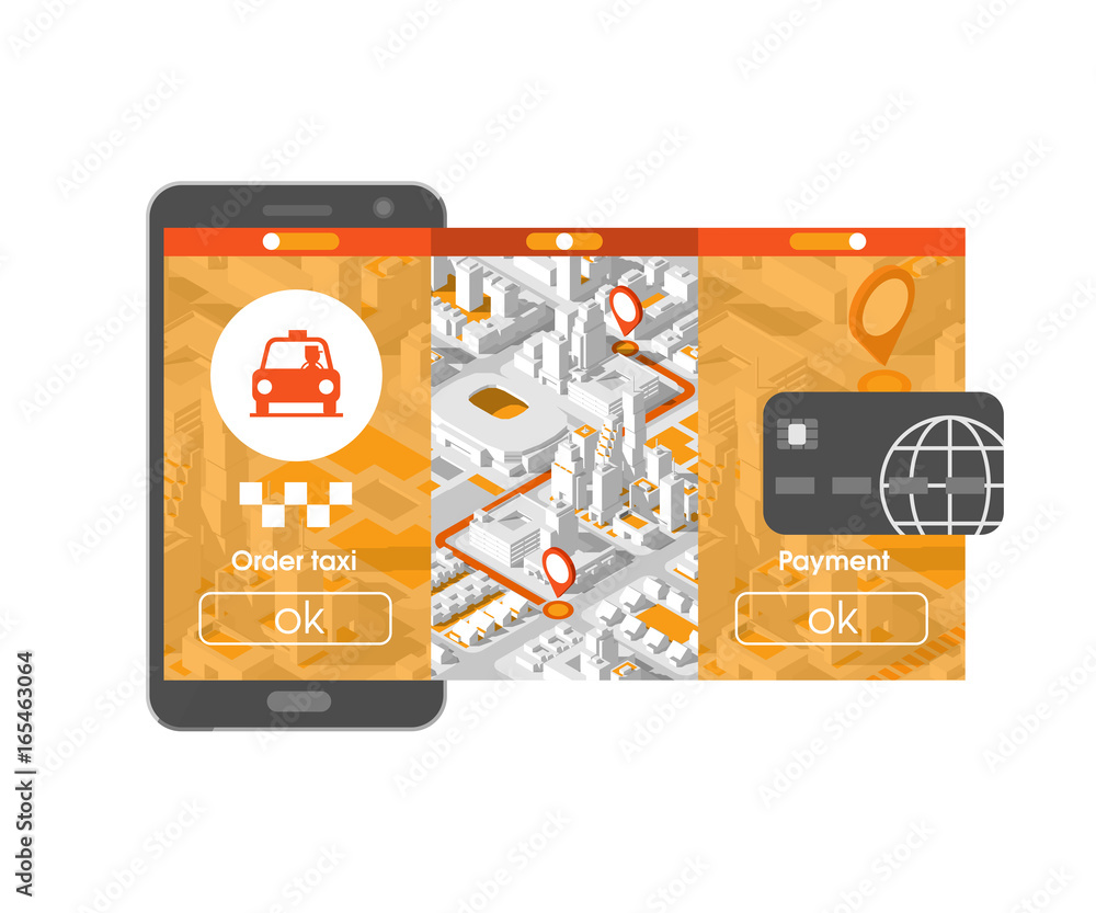 Aufkleber taxi service mobile application. city isometric map with car and buildings on smart phone. map on na