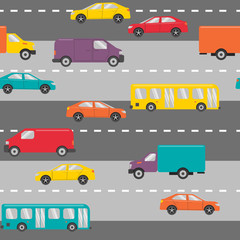 Naklejka premium Flat style seamless pattern with city transportation. Urban transport - cars, trucks and buses on the road.