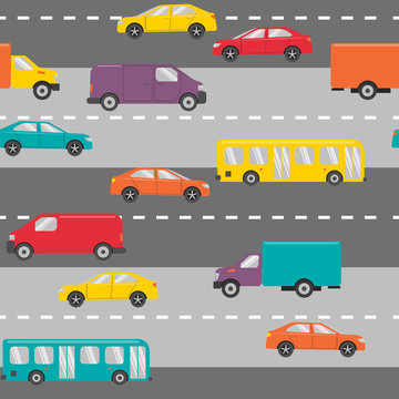 Flat style seamless pattern with city transportation. Urban transport - cars, trucks and buses on the road.