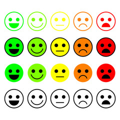 Set of Emoticons. Emoji level, rank, load. Excellent, good, normal, bad, awful. Isolated on white background.