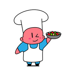 Kawaii chef holding dish with vegetables.