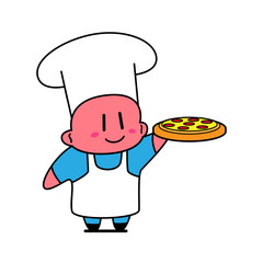 Kawaii chef holding pizza.