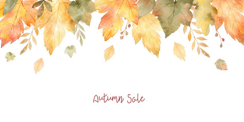 Watercolor sale banner of leaves and branches isolated on white background.