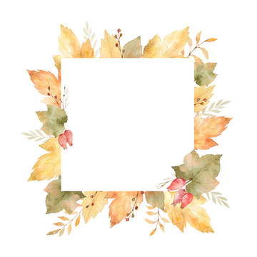 Watercolor square frame of leaves and branches isolated on white background.
