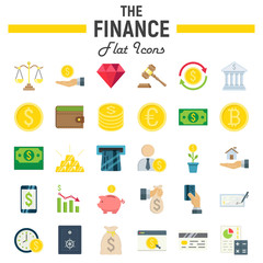 Finance flat icon set, business symbols collection, marketing vector sketches, logo illustrations, business signs. colorful solid pictograms package isolated on white background, eps 10.