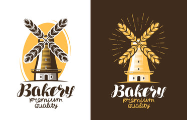 Bakery, bread logo or label. Farm, agriculture, windmill, mill icon. Vintage vector illustration © ~ Bitter ~