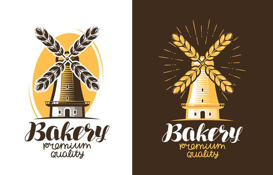 Bakery, bread logo or label. Farm, agriculture, windmill, mill icon. Vintage vector illustration