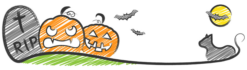 Halloween Zeichnung mit Kürbissen, Grab, Katze und Fledermäusen