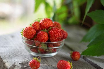 freshly harvested strawberries in a glass bowl on  rustic wooden table
