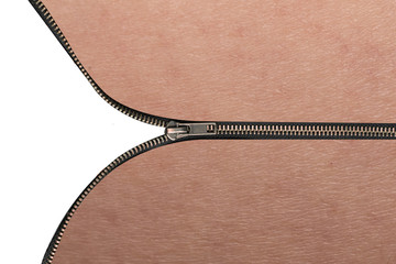human skin with zipper open  white blank space inside