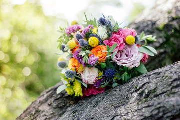 Wedding bouquet on wood