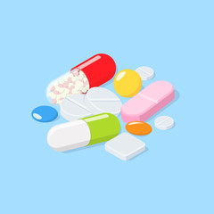 Different medical pills, tablets, capsules.