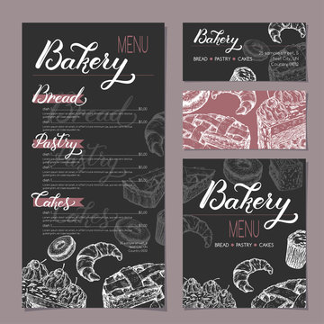 Set Of Bakery Shop Templates With Menu, Visit Cards And Reserved Card Based On Sketch And Lettering.