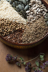 Spices and herbs in ceramic bowl. seasoning. Colorful natural additives.