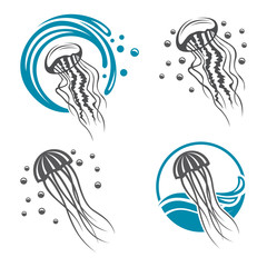 Naklejka premium collection of jellyfish icon with sea waves