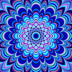 Neon blue geometric mandala, raster. Digitally generated bold striped mandala in blue and pink tones.