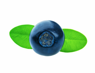 Fresh blueberries with green leaves