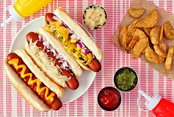 Hot dogs with assorted toppings and potato wedges, above scene on a red and white cloth
