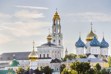 Fototapeta na wymiar The Holy Trinity-St. Sergius Lavra. View of The Bell Tower, the Assumption Cathedral and the Refectory Church