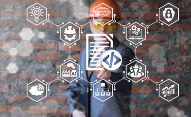 Source Code Industry 4.0 API Engineering Program concept. Man presses file code button on virtual graphical user interface.