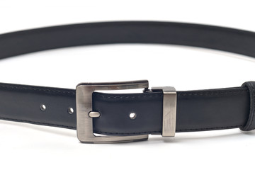 Black leather belt on a white background.