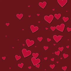 Red stitched paper hearts. Abstract random scatter on wine red background. Vector illustration.