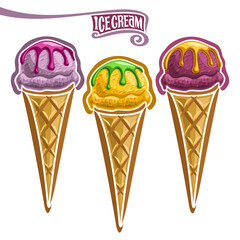 Vector set of Ice Cream in Waffle Cone: 3 wafer cones with variety flavor ice cream isolated on white, purple yam ice cream topping of fruit syrup, blueberry sorbet ball in waffle, gelato ube dessert.