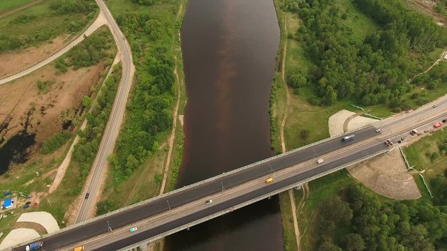 Aerial view.Road bridge over the river.Aerial view of the Mini Stack Interchange.Road junction.