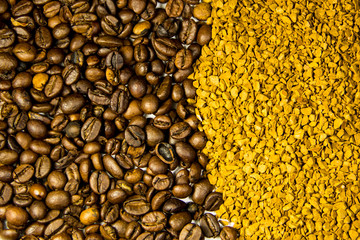 Background of roasted coffee beans and instant coffee granules