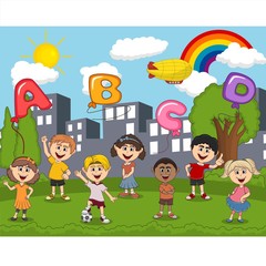 Children playing at the park with letter balloon and rainbow cartoon © bubululu