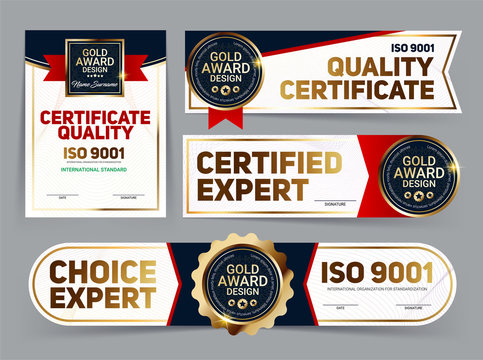 Set of vector mini certificate quality banners with line protection and gold award emblem, ISO 9001 certified, Vector illustration